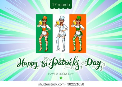 St. Patrick's Day lettering vector design elements set - girl with red hair. Patricks day Typographic, lettering, clover, leaf, leafed, irish,  hand-drawn.  March 17 art