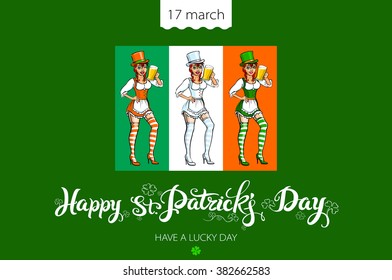 St. Patrick's Day lettering vector design elements set - girl with red hair. Patricks day Typographic, lettering, clover, leaf, leafed, irish,  hand-drawn.  March 17 art