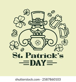 St. Patrick's Day line art with leprechaun pot of gold, shamrocks, beer mugs, festive lettering.Irish Holiday Celebration logo, emblem, print, greeting cards, posters, merchandise.Vector illustration