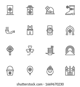 St. Patricks Day line icons set. linear style symbols collection, Saint patrick's holiday outline signs pack. vector graphics. Set includes icons as leprechaun hat, shamrock flower, air balloon, boot