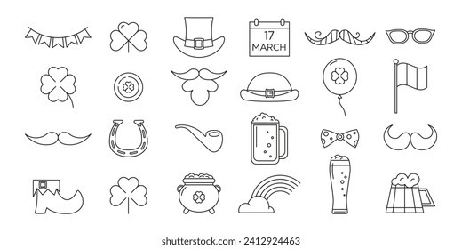 St. Patrick's Day Line Icons Set, irische Feiertagssammlung. Umfassende schwarze Vektorgrafik einzeln auf weißem Hintergrund