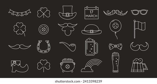 St. Patrick's Day Line Icons Set, irische Feiertagssammlung. Einfache lineare Stilelemente. Outline-schwarze Vektorgrafik einzeln auf Chalkboard-Hintergrund