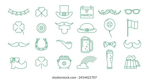 St. Patrick's Day Line Icons Set, irische Feiertagssammlung. Einfache lineare Stilsymbole. Outline-Vektorgrafik einzeln auf weißem Hintergrund