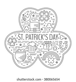 St. Patricks day line icons set in clover shape. Design concept for festive banner, greeting card, flyer, t-shirt, poster, advertisement. Vector illustration.