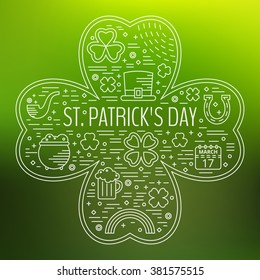 St. Patricks day line icons set in clover shape on green gradient background. Design concept for festive banner, greeting card, flyer, t-shirt, poster, advertisement. Vector illustration.