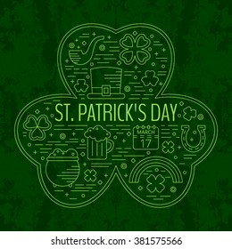 St. Patricks day line icons set in clover shape on green grunge background. Design concept for festive banner, greeting card, flyer, t-shirt, poster, advertisement. Vector illustration.