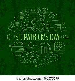 St. Patricks day line icons set in circle shape on green grunge background. Design concept for festive banner, greeting card, flyer, t-shirt, poster, advertisement. Vector illustration.