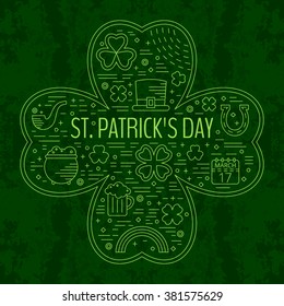 St. Patricks day line icons set in clover shape on green grunge background. Design concept for festive banner, greeting card, flyer, t-shirt, poster, advertisement. Vector illustration.