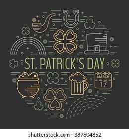 St. Patricks day line icons set in circle shape on black background. Design concept for festive banner, greeting card, flyer, t-shirt, poster, advertisement. Vector illustration.