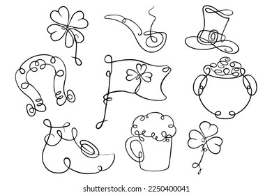 St. Patrick's Day line item set. Symbols of the holiday - Irish hat, foam ale mug, lucky horseshoe, pot of gold, clover and flag, leprechaun's shoe. Symbols of Ireland. Line Art Vector Graphics