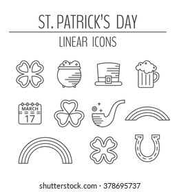 St. Patricks day linear icons set. Modern pictograms of beer mug, calendar, clover leaf, hat, horseshoe, pipe, pot of gold, quatrefoil, rainbow, trefoil. Vector illustration.