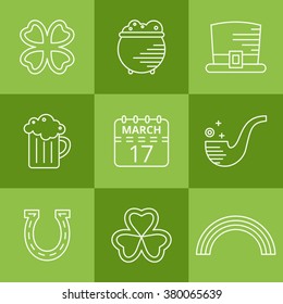 St. Patricks day linear icons set. Modern pictograms of beer mug, calendar, clover leaf, hat, horseshoe, pipe, pot of gold, quatrefoil, rainbow, trefoil. Vector illustration.