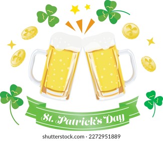 St. Patrick's Day logo with two mugs of beer, clover leaves and gold coins.
