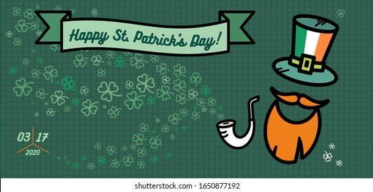 St Patrick's day long banner. Flat vector green orange poster Happy Saint Patricks day parade. Illustration hipster flat elements poster, postcard, flyer, banner parade, beer party, bar, irish pub.