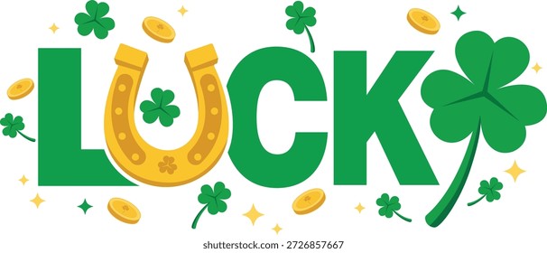 St Patricks Day Luck typography design with green shamrock, golden horseshoe and coins vector
