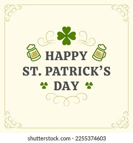 St Patrick's Day lucky clover beer mug vintage greeting card typographic template vector flat illustration. Irish ale malt alcohol beverage traditional holiday curved antique shamrock design