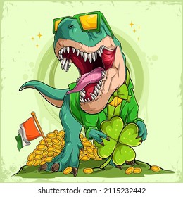 St Patrick's day lucky dinosaur T rex in Leprechaun suit holding a big clover and wearing Irish sunglasses