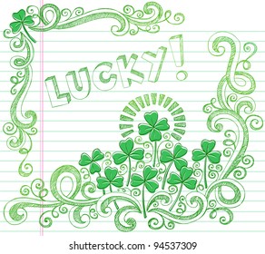 St Patricks Day Lucky Four Leaf Clover Shamrock Sketchy Doodle Back to School Style Notebook Doodles Vector Illustration on Lined Sketchbook Paper Background