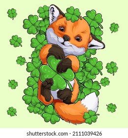 St Patrick's day lucky fox sleeping on a big set of clovers and holding a big four-leaf clover