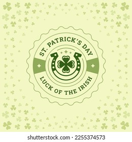 St Patrick's Day lucky horseshoe Irish green clover vintage greeting card typographic vector illustration. Celtic traditional holiday fortune shamrock leaf beer lid circle label floral background