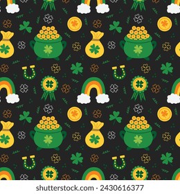 St. Patrick's Day Lucky Icons auf Holzkohle Grau Nahtloses Muster Design