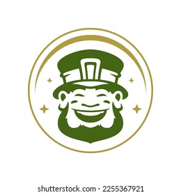 St Patrick's Day lucky Irish smiling leprechaun portrait golden circle frame vintage icon contoured vector illustration. Celtic gnome troll laughing face in hat magic fortune folklore character