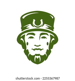 St Patrick's Day lucky Irish troll leprechaun in hat with horseshoe portrait vintage icon vector flat illustration. Celtic fairy tale folklore character fortune gnome bearded creature success mascot