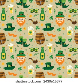 St. Patrick's Day Lucky Leprechaun Life on Beige Seamless Pattern Design