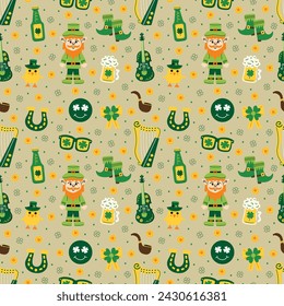 St. Patrick's Day Lucky Leprechaun Party on Beige Seamless Pattern Design