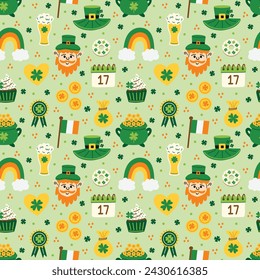 St. Patrick's Day Lucky Leprechaun Day auf hellgrünem nahtlosem Muster Design