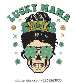 St. Patrick's Day Lucky Mama T-Shirt, Patrick's Messy Bun Shirt, Shamrock Sunglass shirt, St. Patrick's Mom Shirt Print template