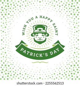 St Patrick's Day lucky troll gnome greeting social media post template vintage vector flat illustration. Celtic traditional leprechaun in hat festive ribbon fortune green clover shamrock internet ad