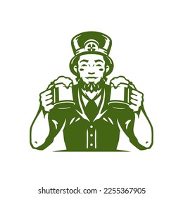 St Patrick's Day male leprechaun with beer mug foamy malt Irish vintage icon vector flat illustration. Celtic bearded man in hat with lucky clover portrait alcohol beverage feast cheers retro badge