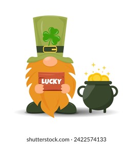 St. Patrick's Day is March 17th. A cute cartoon Irish dwarf holding a plaque with the inscription lucky is depicted on a white background. Suitable for banners, postcards, posters