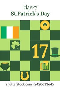 El Día de San Patricio es el 17 de marzo. Mosaico geométrico con elementos de una festividad irlandesa. Ilustración del vector.2