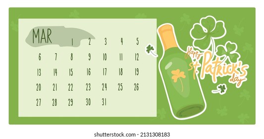 St. Patrick's Day. March calendar month template. Paper sheet. Isolated vector colorful element. 