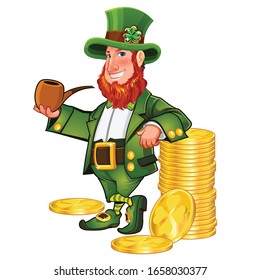 Personaje mascota del Día de San Patricio. Gracioso Leprechaun. Dibujo lindo vestido con trajes verdes. Sostengo una pipa humeante. Monedas de oro. Ilustración vectorial sobre fondo blanco.