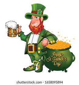 St Patrick's Day mascot character. Funny Leprechaun. Cute cartoon wearing green costume.Holding a glass of beer.Pot with gold coins.Vector illustration on white background.