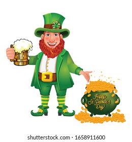St Patrick's Day mascot character. Funny Leprechaun. Cute cartoon wearing green costume.Holding a pint of fresh beer.Pot of gold. Vector illustration on white background.