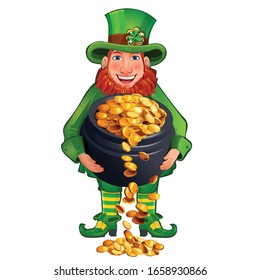 St Patrick's Day mascot character. Funny Leprechaun. Cute cartoon wearing green costume.Holding a pot of gold.Vector illustration on white background.