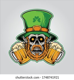 St patrick's day mascot Skull with Beer Glass Party