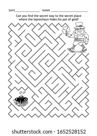 St Patrick's Day maze game or activity page for children: Can you find the secret way to the secret place where the leprechaun hides his pot of gold?