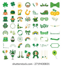Paquete de Mega Elementos del Día de San Patricio. Enorme Colección de Vector de Leprechaun, Shamrock, Cerveza, Oro y Accesorios de Fiesta para Festiva Design.