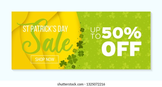 St Patricks Day mega sale horizontal banner. Super discount template, papercut background with clovers