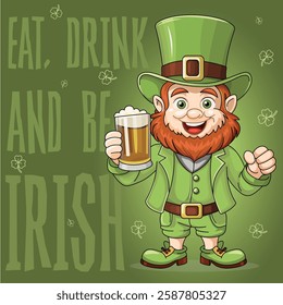 St. Patrick's Day message design with a jolly gnome in a green suit and a mug of beer. Invitation to a fun holiday party. Vector illustration for St. Patrick's Day