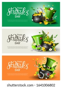 St. Patrick's Day modern headers or banners with Leprechaun`s hat, pot of gold, cloverleafs and balloons in the colors of Ireland.