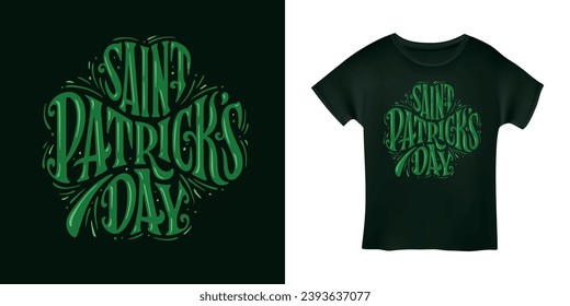 St. Patrick's day modern lettering. Happy St Patricks day greeting card typography on clover leaf. Vector vintage illustration.