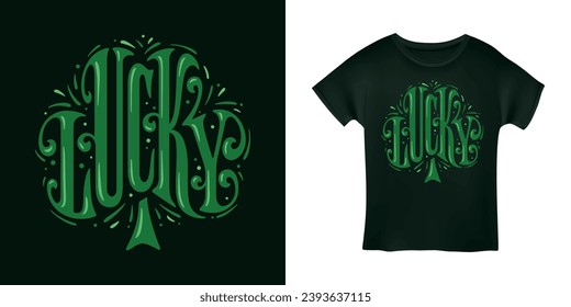 St. Patrick's day modern lettering. Luck text in form of clover leaf typography. Saint Patricks day t-shirt design. Vector vintage illustration.