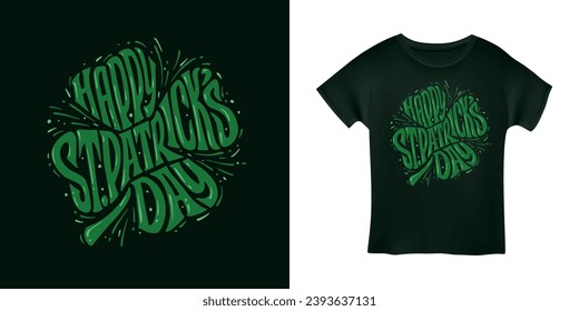 St. Patrick's day modern lettering. Happy St Patricks day greeting card typography on clover leaf. Vector vintage illustration.