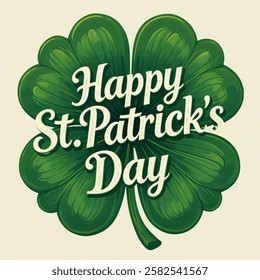 St. Patrick's day modern lettering. Happy St Patricks day greeting card typography on clover leaf. Vector vintage illustration